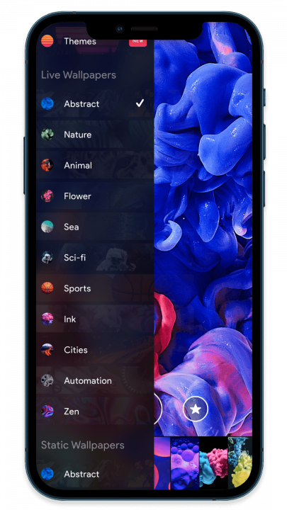 Mobile screenshot of Live wallpaper categories at the top of the app