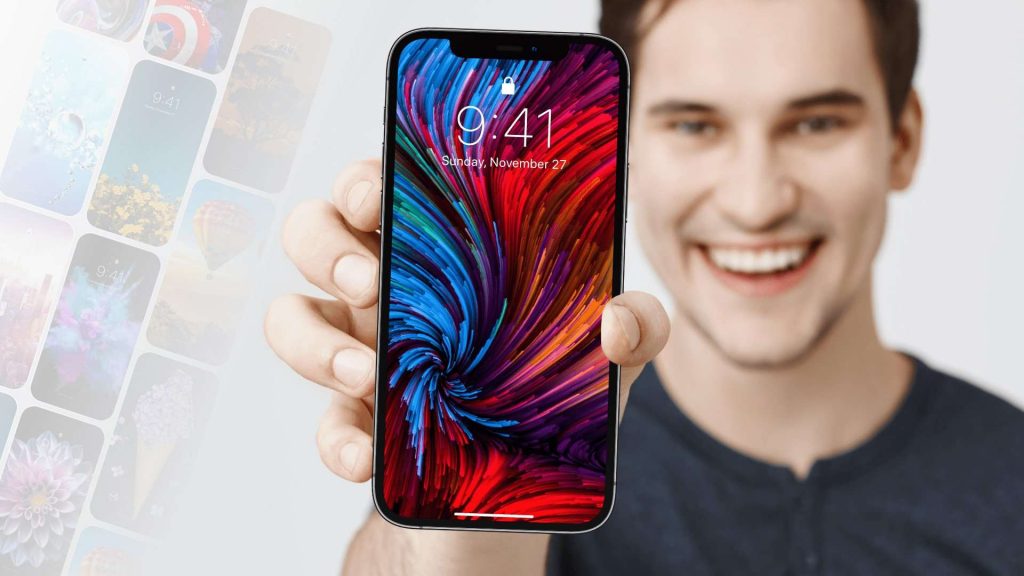 Happy users showing aesthetic wallpaper on his iPhone