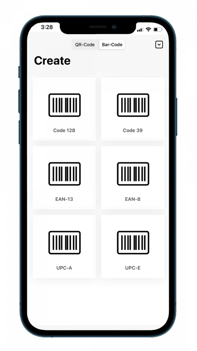 Mobile screenshot showing Barcode creator option